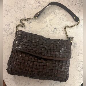 Chain Strap Woven Brown Leather Shoulder Bag